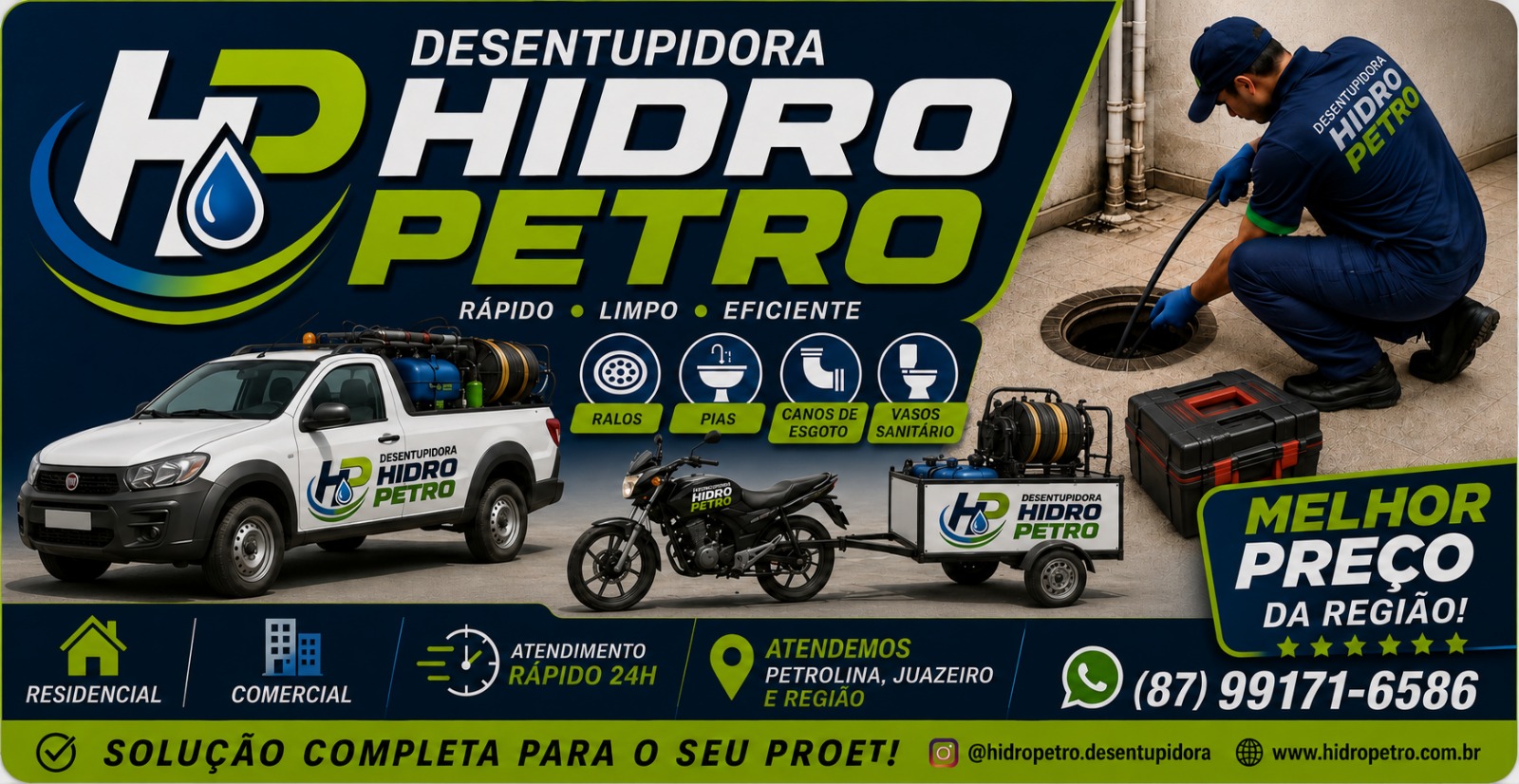 Veículos e equipe da Desentupidora Hidro Petro: picape, moto com reboque e técnico em uniforme desentupindo com máquina profissional