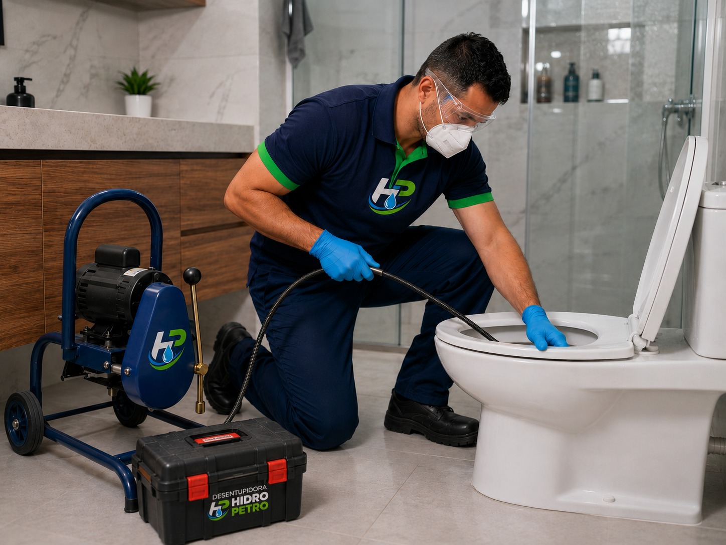 Técnico da Desentupidora Hidro Petro desentupindo vaso sanitário com máquina profissional