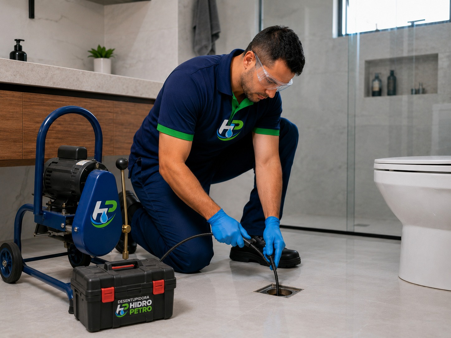 Técnico da Desentupidora Hidro Petro desentupindo ralo de banheiro com máquina profissional